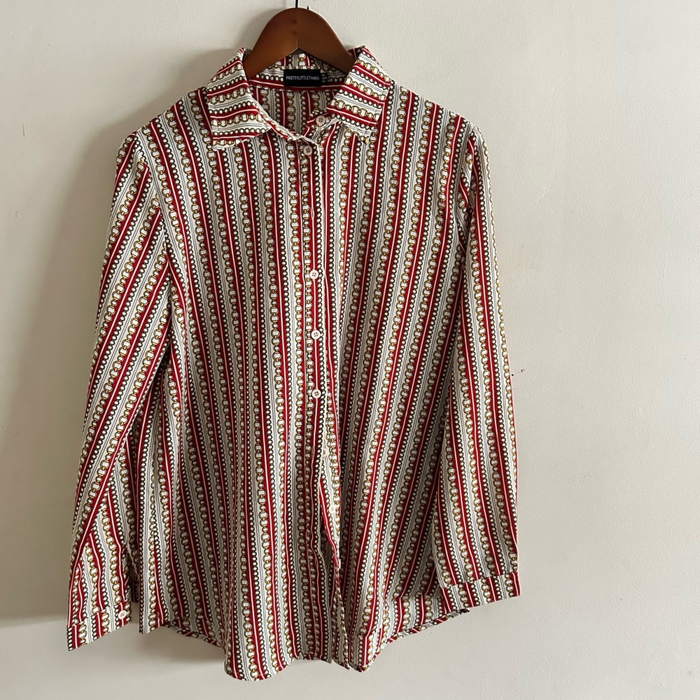 Prettylittlething Red Chain Print Oversized Button Down Blouse Shirt Sz 6 View 6